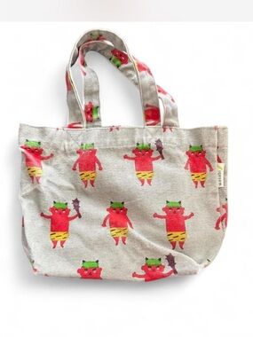 WASABI mini canvas tote. Features red “oni” print. Gray canvas